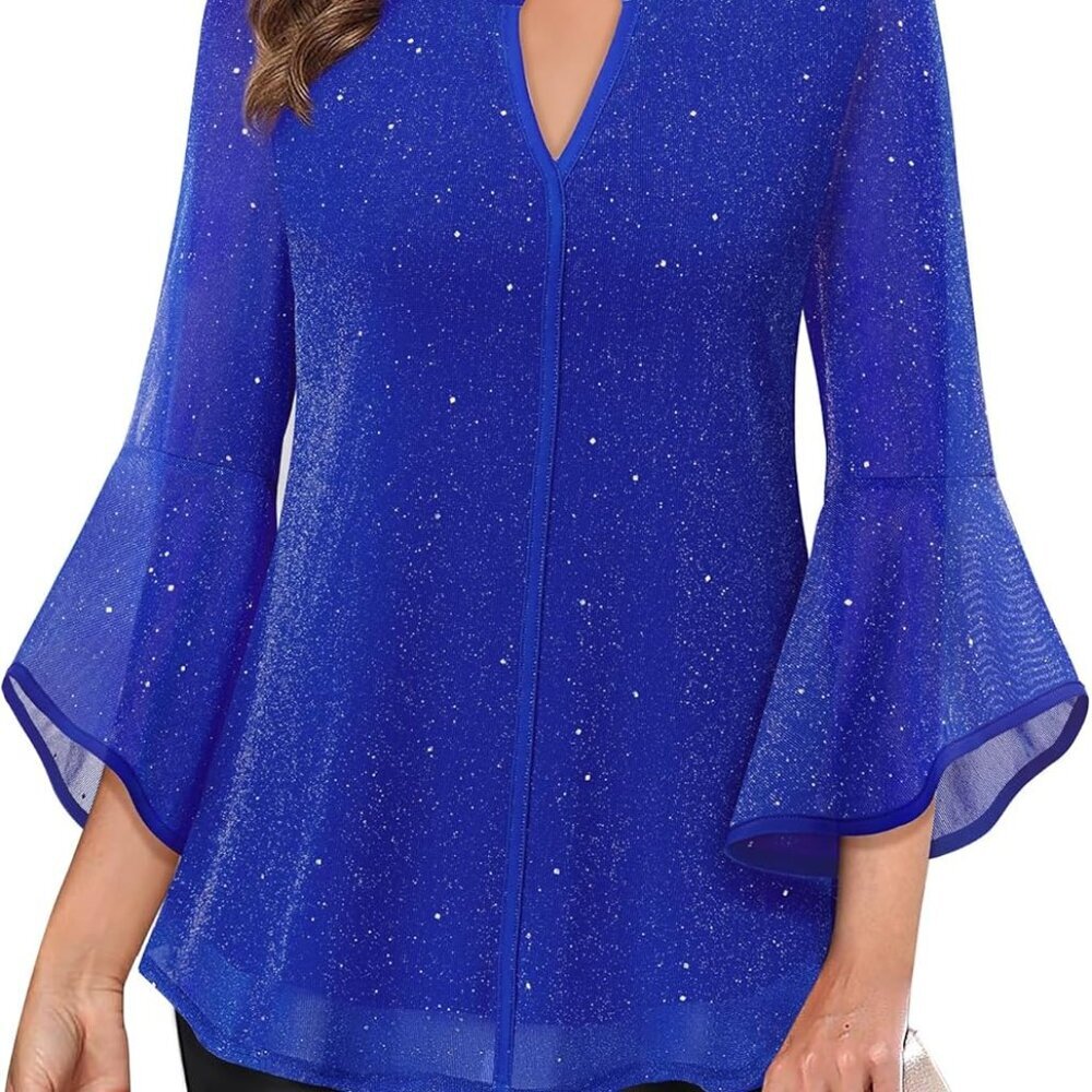 Women's 3/4 Sleeve Dressy Blouses Shirts Casual Loose Fit Mesh Layered Flowy Tun